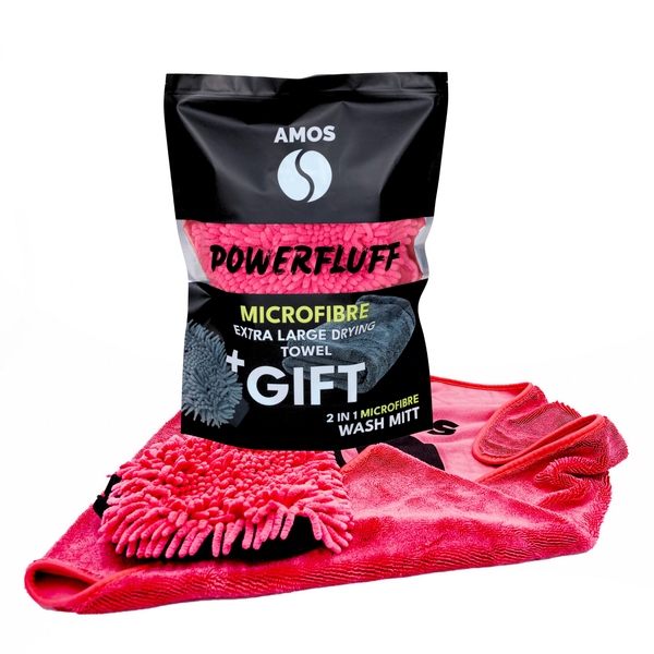 Toalla de microfibra ultra absorbente AMOS Powerfluff rosa 1000 GSM 60 x 80 cm + Guante de REGALO
