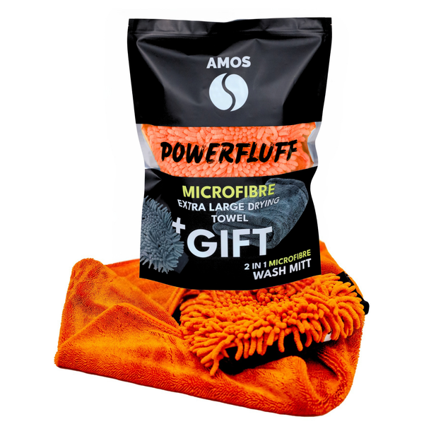 Toalla de microfibra ultra absorbente AMOS Powerfluff naranja 1000 GSM 60 x 80 cm + Guante de REGALO
