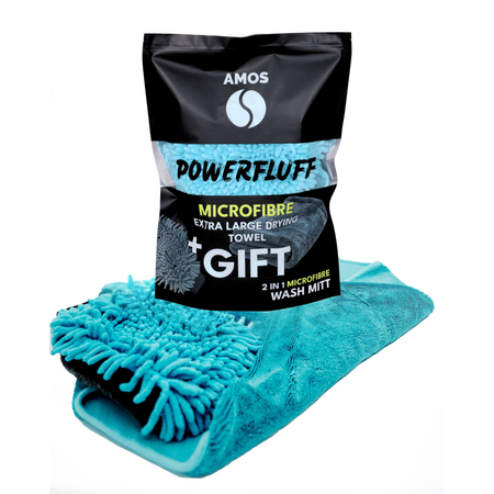 Toalla de microfibra ultra absorbente AMOS Powerfluff azul 1000 GSM 60 x 80 cm + Guante de REGALO