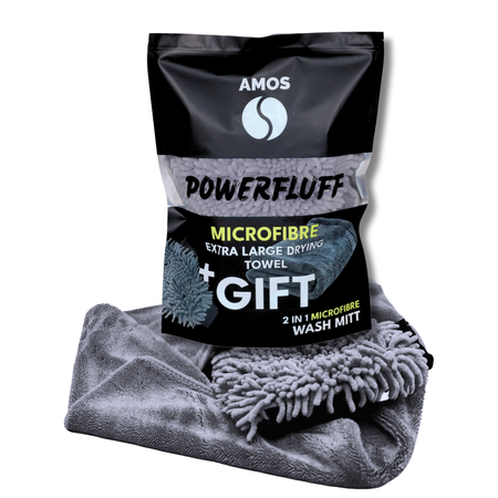 Toalla de microfibra ultra absorbente AMOS Powerfluff gris 1000 GSM 60 x 80 cm + Guante de REGALO