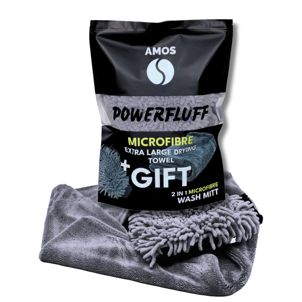 Toalla de microfibra ultra absorbente AMOS Powerfluff gris 1000 GSM 60 x 80 cm + Guante de REGALO