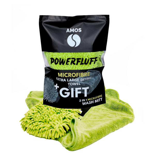 Toalla de microfibra ultra absorbente AMOS Powerfluff verde 1000 GSM 60 x 80 cm + Guante de REGALO